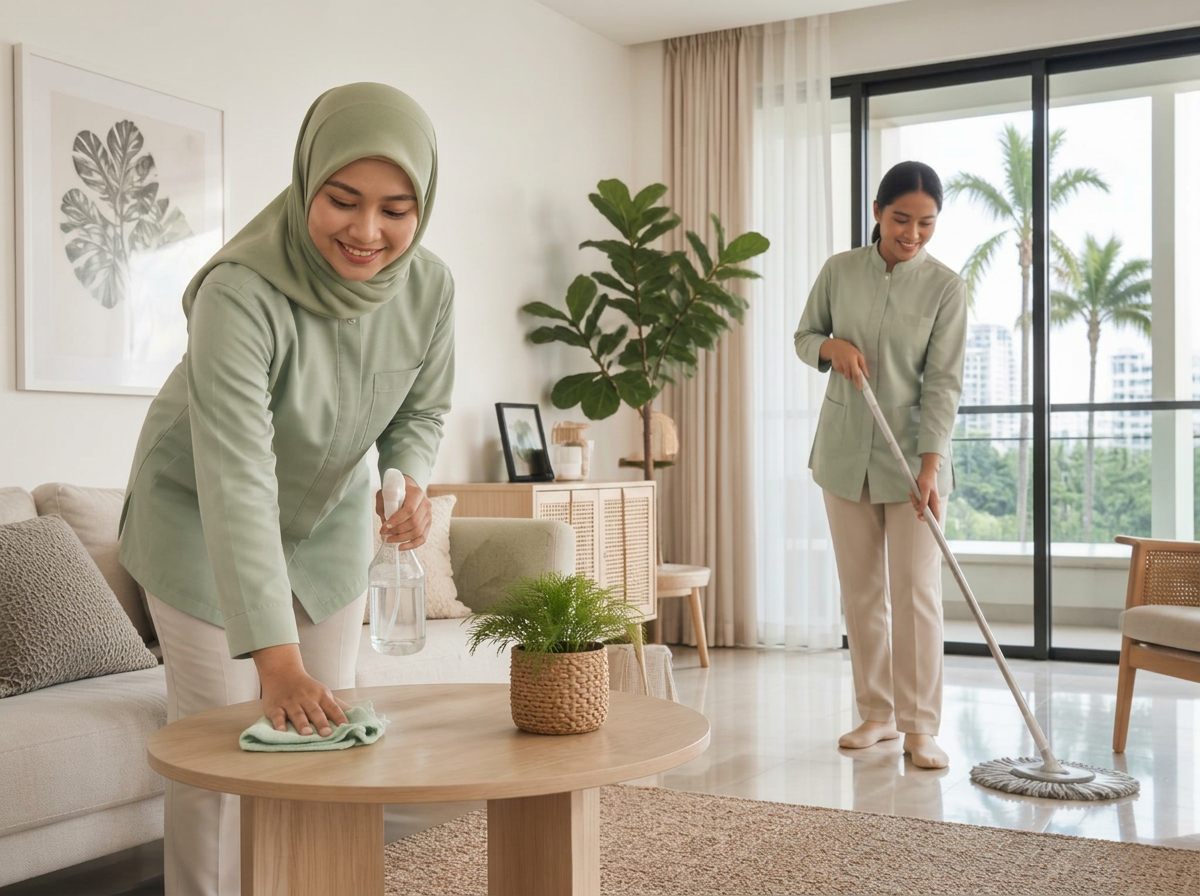 Two professional cleaners tidying a bright Malaysian living room